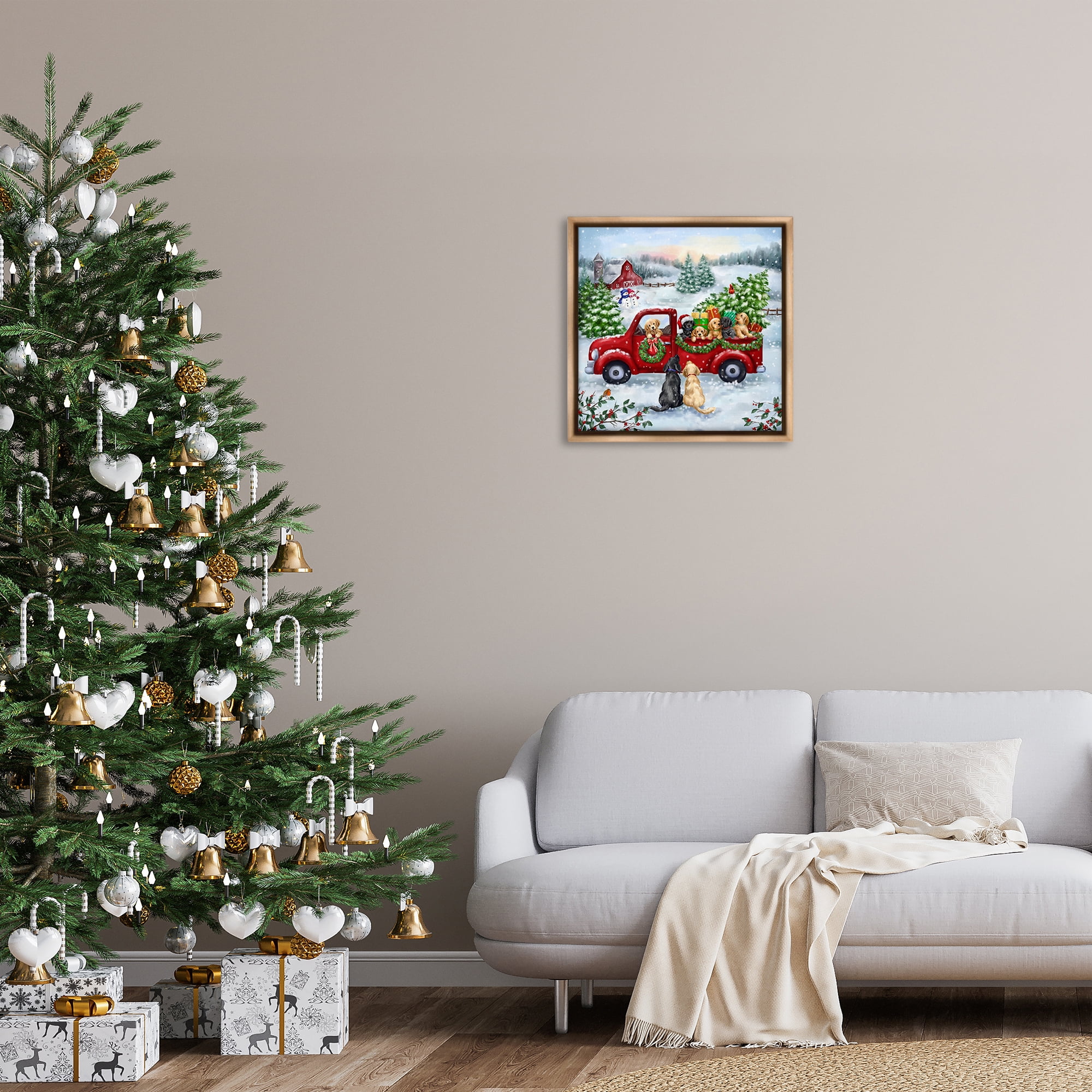 Stupell Industries Holiday Truck & Tree Holiday Painting Brown Floater Framed Canvas Art Prints Wall Art, 25 x 25