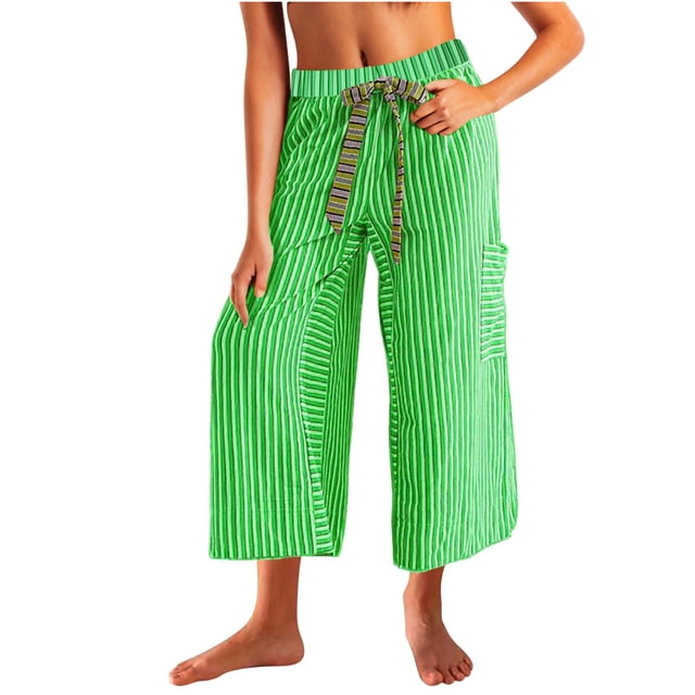 Penkiiy Wide Leg Lounge Pants Striped Mid Waisted Drawstring Beach Pants Capri Pants Trousers with Pockets XL Green