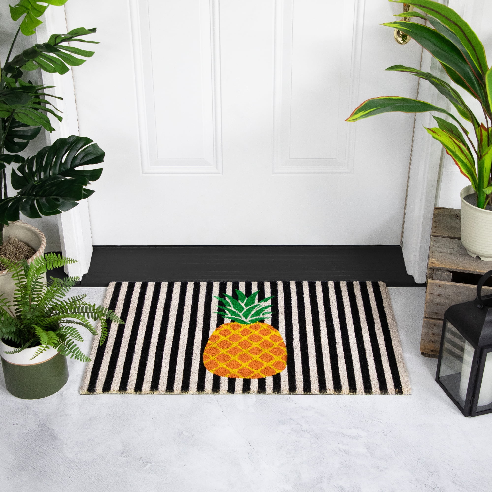 Ivory and Orange Pineapple Striped Natural Coir Outdoor Doormat - 18