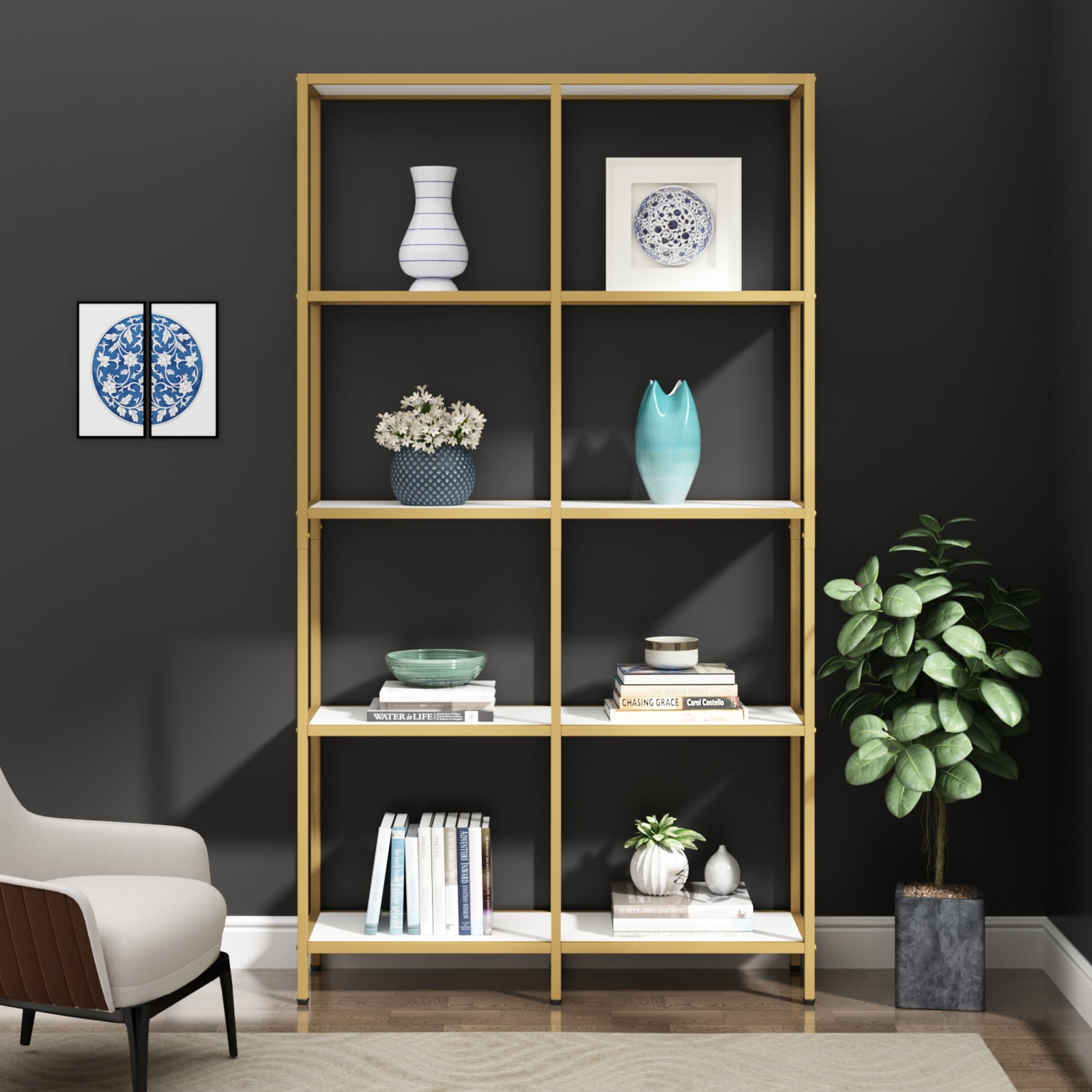 Loomie Gold Etagere Bookshelf Bookcase, Modern 5Tier Open Book Shelves
