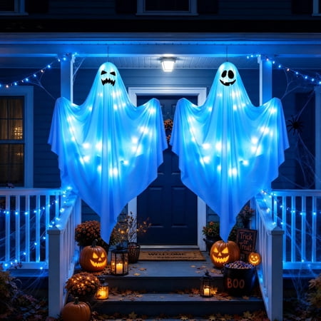 Scidweet Halloween Ghost Decor, 2 Pack 48" Light up Hanging Halloween Ghosts Blue LED Light Yard Garden Porch Outdoor Decorations