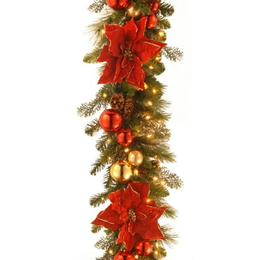 National Tree Company Pre-Lit Artificial Christmas Garland, Green, Home for the Holidays, Decorative Collection,  Red Poinsettia, Red, Gold Ball Ornaments, Pine Cones, 100 Clear Lights, 9 Feet