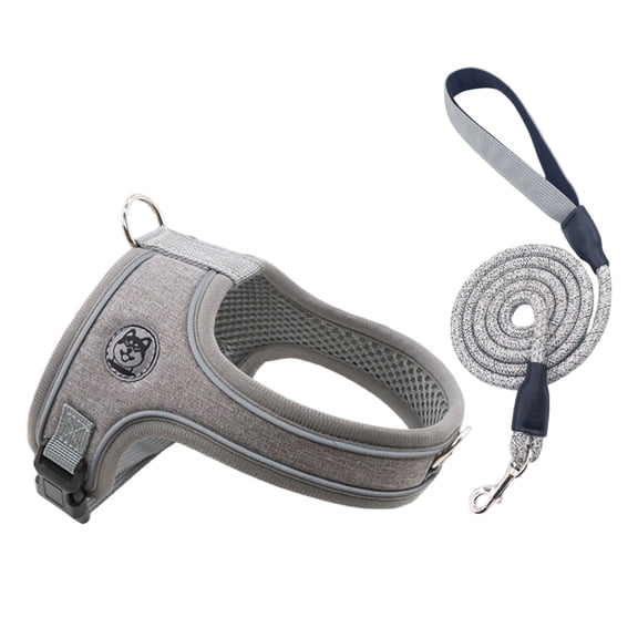No Pull Dog Harness and Leash Set Size S, Adjustable Breathable Mesh Reflective Vest Harness with 2 D-Rings for Small Medium Dogs Cats, Saddle Style Pet Harness for Walking, Grey