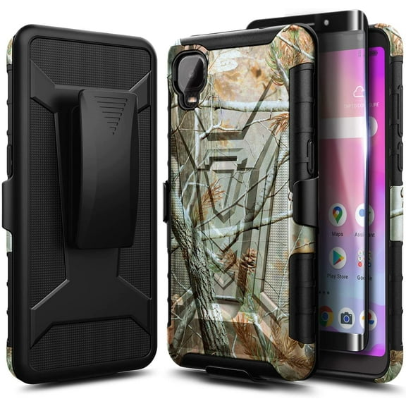 Nagebee Phone Case Compatible for Alcatel TCL A3 (A509DL) / A30 with Tempered Glass Screen Protector (Full Coverage), Belt Clip Holster with Built-in Kickstand Heavy Duty Shockproof Armor Case (Camo)