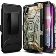 Nagebee Case for Alcatel TCL A3 (A509DL) with Tempered Glass Screen Protector (Full Coverage), Belt Clip Holster with Built-in Kickstand, Heavy Duty Shockproof Armor Rugged Case (Camo)
