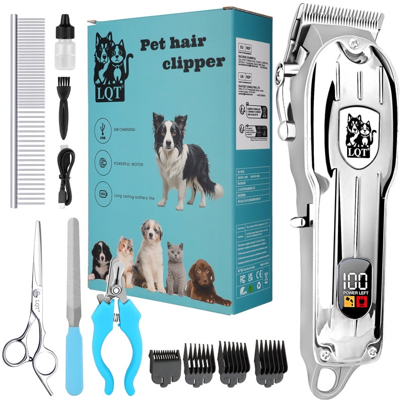LQT Dog Clippers for Grooming for Thick Coats, Professional Pet Hair Clippers Supplies Kit Low Noise Rechargeable Stainless Steel Hair Trimmer with Ceramic Blade for Dogs Cats Animals (Silver)