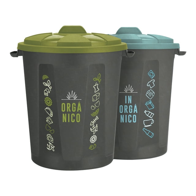 Kit de 2 Botes de plástico biodegradable Terragave Orgánico e Inorgánico con tapa 55 Lts
