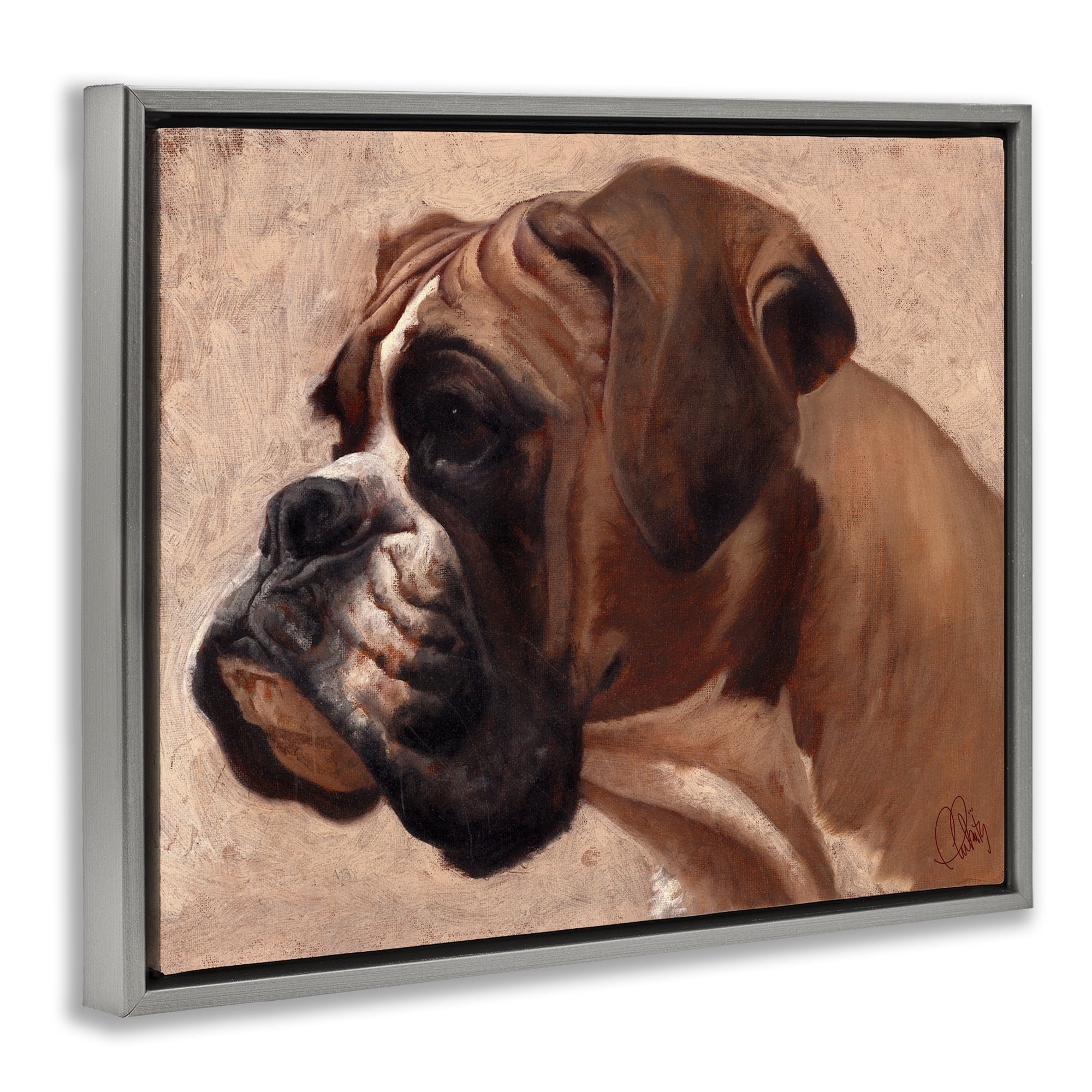 Stupell Industries Boxer Dog Neutral Portrait Animals & Insects Painting Gray Floater Framed Canvas Art Print Wall Art, 21 x 17