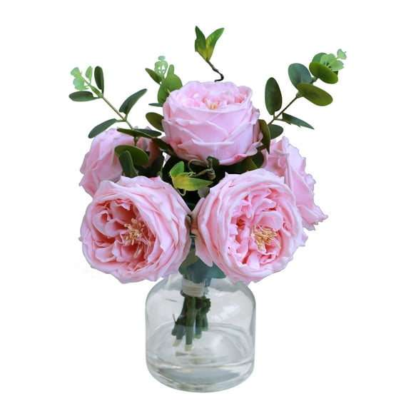 Real Touch Pink Floral Rose Fake Flower Bouquet in Fake Water Silk Flower Arrangements Artificial Flowers with Vase Centerpieces for Center Table Decor Dining Room House Kitchen Decorations