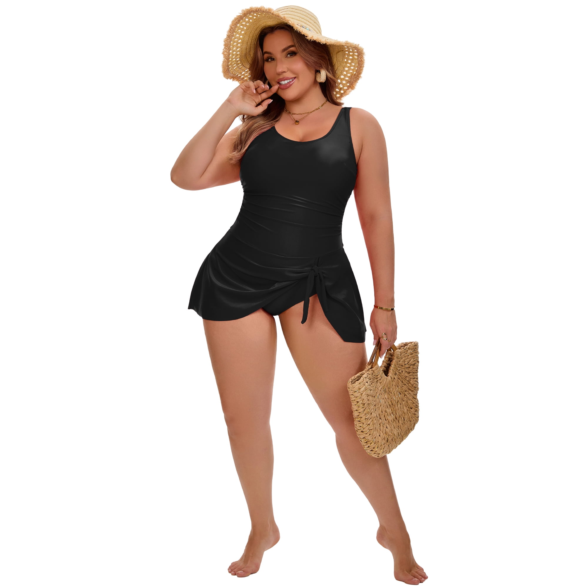 DARING DIVA Women's Plus Tummy Control Beach Vacation Swimdress 3X Black