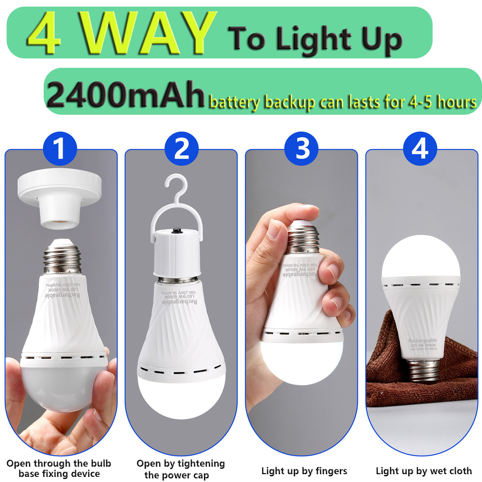 Rechargeable Emergency Light Bulb 【1 YEAR WARRANTY】 E27 2400mAh 5 hours 9W-60W  Stay Lights Up When Power Failure,  LED Light Bulbs for Home , Camping , Tent