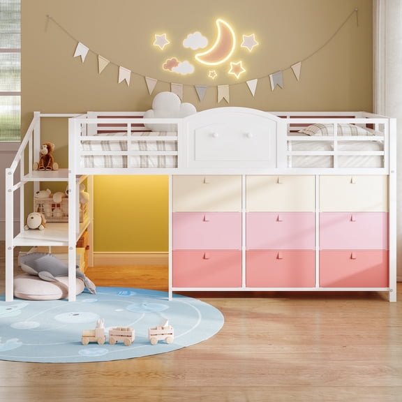 AOGLLATI Full Size Low Loft Bed with 9 Storage Drawers and Under-Bed Hideaway, Metal Loft Bed with Storage Shelf and LED Lights White