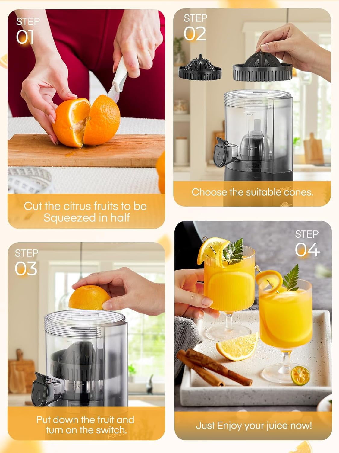 Electric Citrus Juicer with 2 Cones, Hand- Automatic Orange Squeezer for Lemon Grape Pomegranate, Quiet Motor