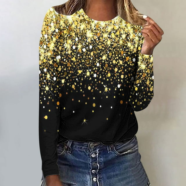 Jsaierl Hauts à Manches Longues pour Femmes Automne Col Rond T-Shirts Mode Paillettes Graphique Chandail Ample Décontracté Sortie Blouses 2024 Hauts de Fête Brillants