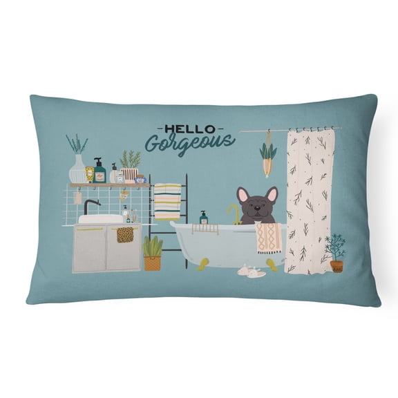 Carolines Treasures CK7431PW1216 Brindle French Bulldog in Bathtub  Canvas Fabric Decorative Pillow 12H x16W multicolor