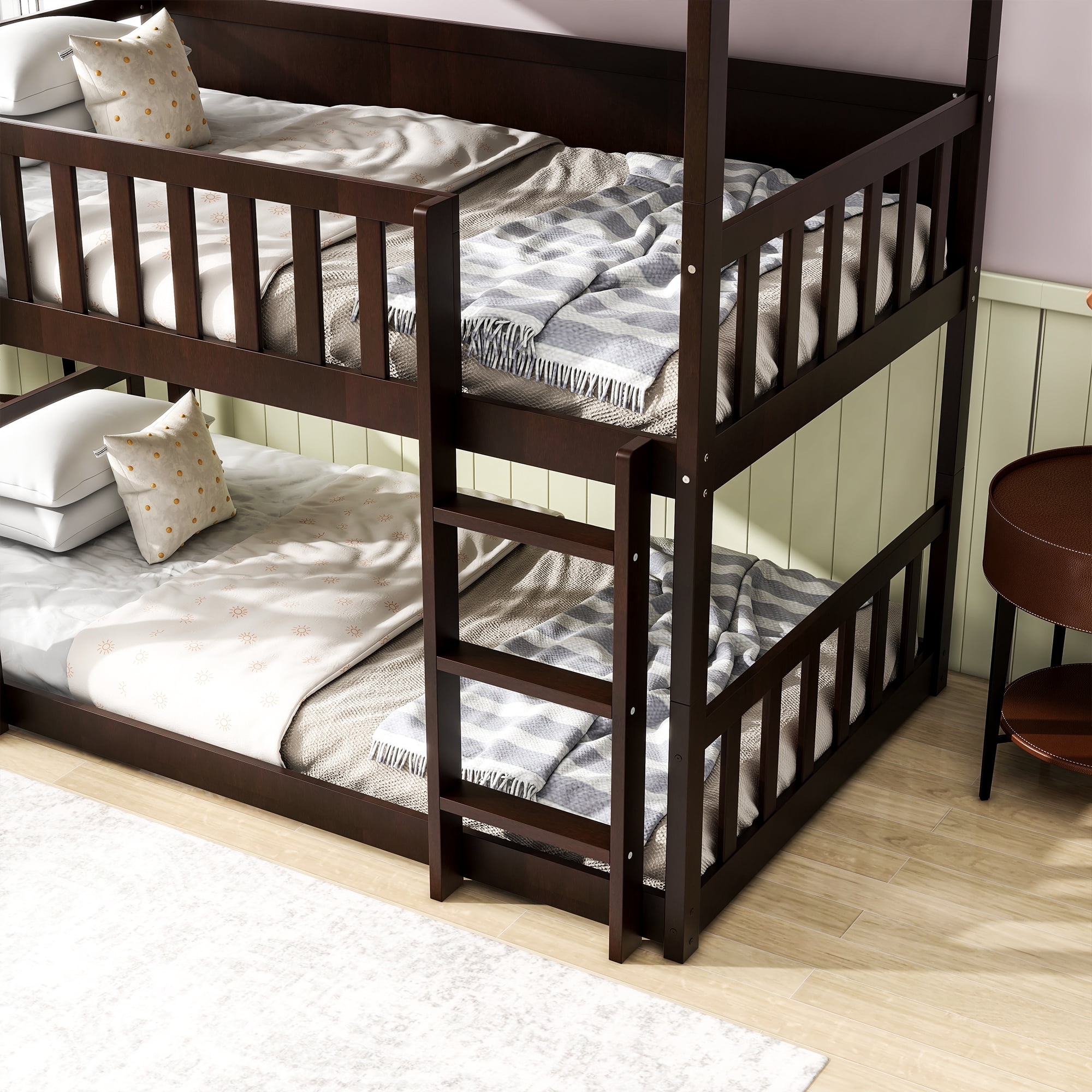 Sailvan Twin Size Triple Bunk Bed, with Ladders Guardrails,Detachable Bunk Bed, Twin over Twin over Twin,Rubber Wood