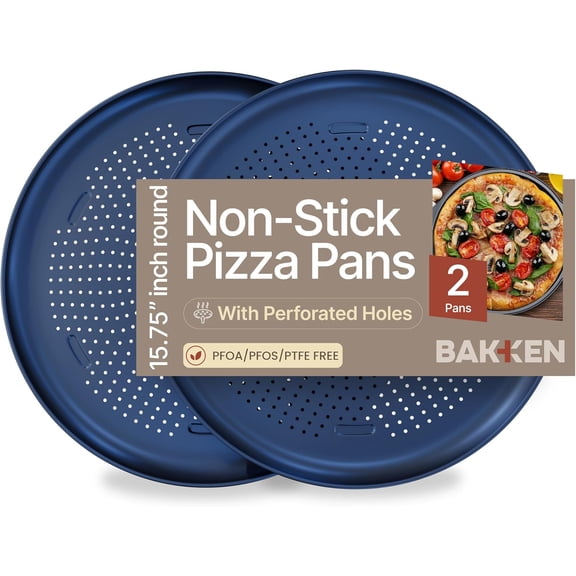 Bakken 16" Non-Stick Perforated Pizza Pan 2 Pack, Round Carbon Steel Tray, Oven & Dishwasher Safe, Durable Nonstick, Blue