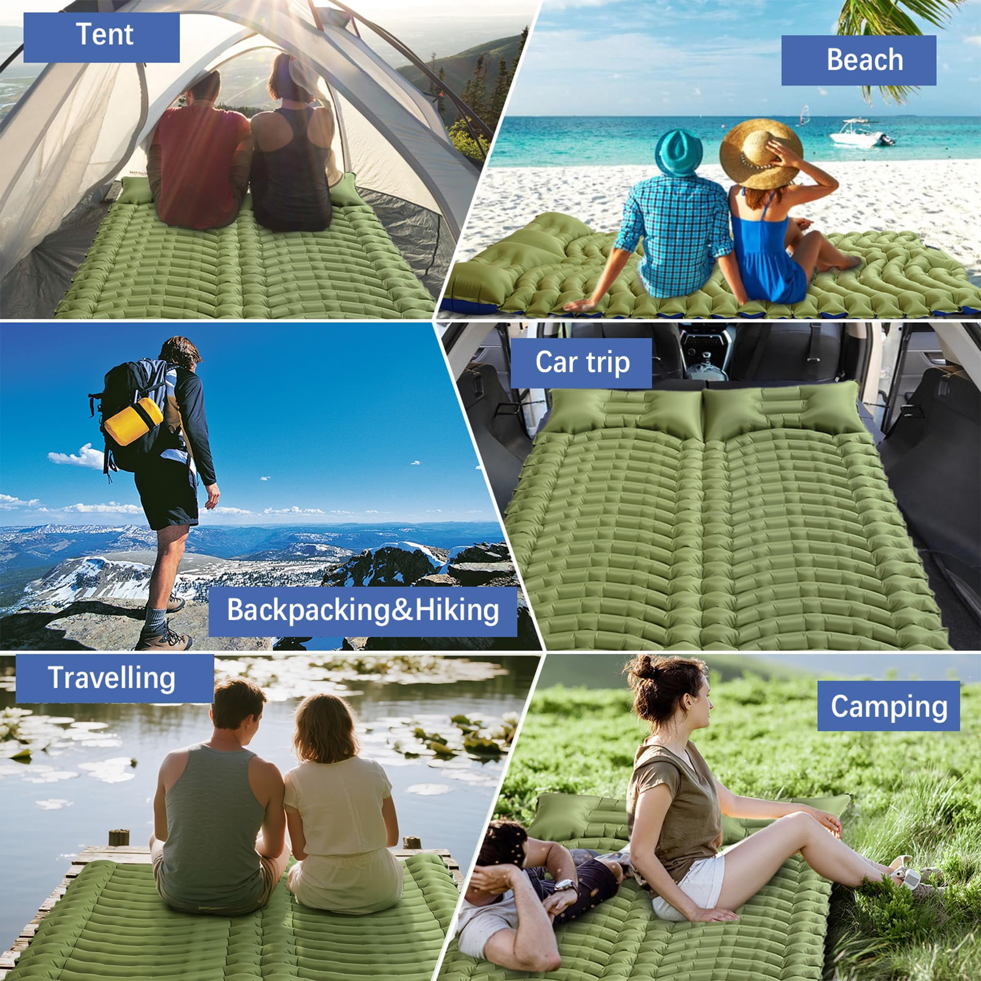 Double Sleeping Pad For Camping - Ultralight Mattress With Pillow  Built-in Foot Pump Compact Inflatable 2-person Portable Mat Backpacking Hiking Car Traveling Beach Tent