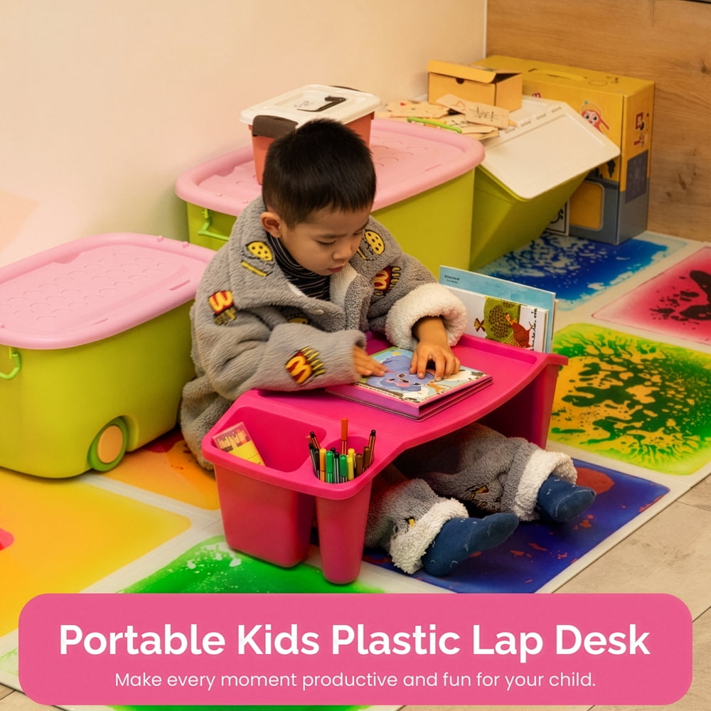 Basicwise Pink Activity Desk Table with Built-In Cup Holder and Storage Compartments, Multipurpose Lap Tray for Home Learning, Art Activities, Snack Time, Reading, Floor-Based Tasks