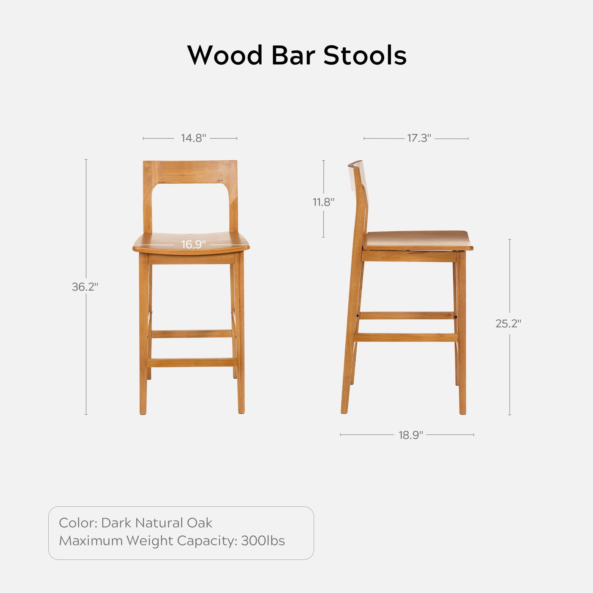 EYYTHUNG Mid-Century Wood Bar Stools Set of 2, Brown Counter Height Chairs, Dark Natural Oak