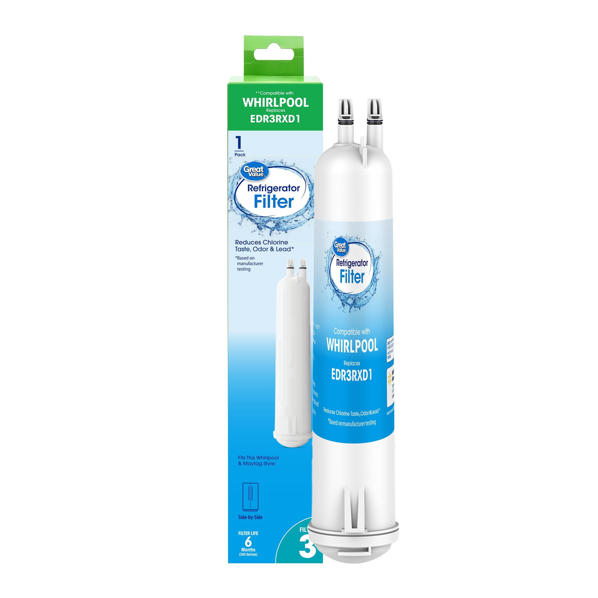 (3 pack) Great Value Refrigerator Water Filter Replacement for Whirlpool EveryDrop Filter 3, EDR3RXD1, 1 Pack