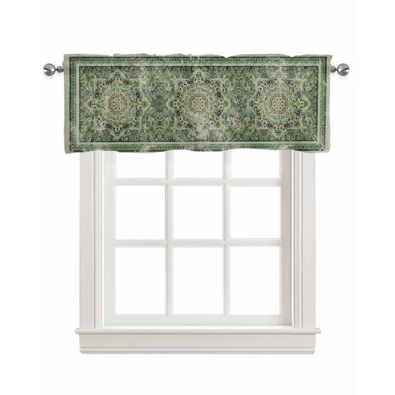 Teal Boho Linen Curtain Valance for Bedroom/Bathroom/Kitchen/Office/Living/Dining Room Window,Ehtnic Modern Geometric Abstract Art Rod Pocket Topper Decorative Cafe Drapes Panel 42"x18"