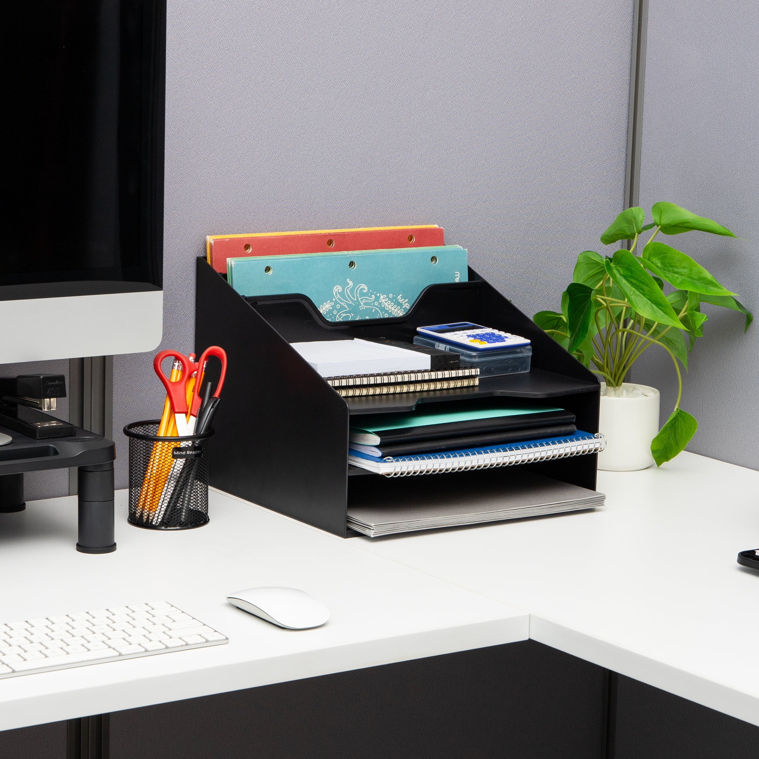 Mind Reader Desktop Organizer, Vertical File Holder, Paper Trays, Office, Plastic, 12.5"L x 11.75"W x 9.5"H, Black