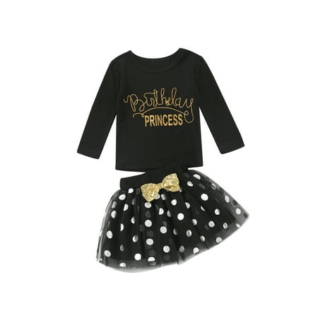 

FINELOOK Children Girl Skirt Suits Long Sleeved Letter Print Tops Dots Skirt Black 3-4 Years