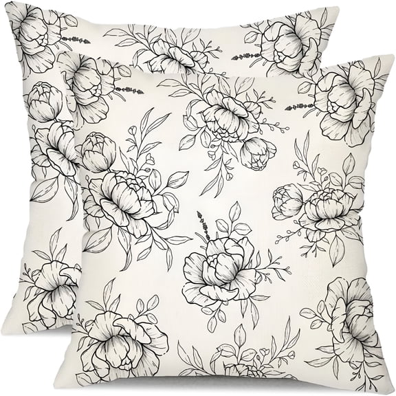 AUQ Floral Pillow Covers 18x18" Set of 2 Black Line Flower Decorative White Throw Pillows Farmhouse Pillow Case Decor for Outdoor Couch Chair Home Couch