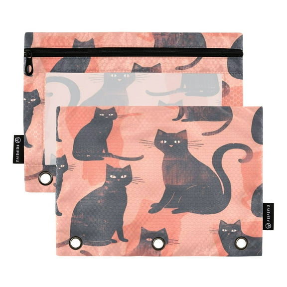 2 Pack Pencil Bag 9.84x6.1 Inch 3-Ring Page Turning Folder Zipper Pencil Case Pencil Bag Page Turning File BagBlack Cat