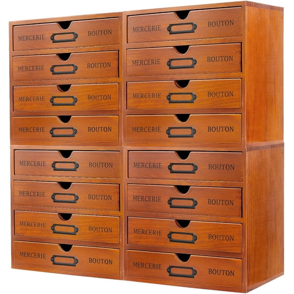 Vintage Wooden Drawer Organizer with 16 Drawers, 4Pcs 4-Slot Vintage Drawer Wooden Desk Organizer Library Card Catalog Cabinet w/Label Holder for Cosmetics, Files, Books, Letters, Magazines$$Office