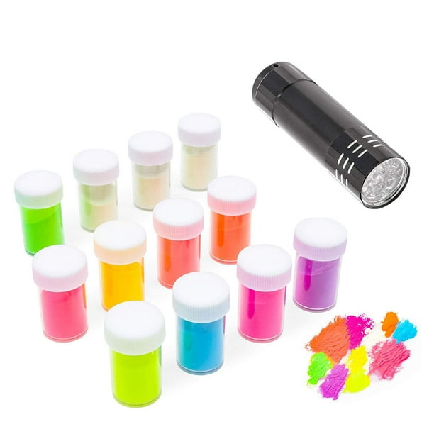 12 Pack Glow in The Dark Pigment Fluorescent Nontoxic Powder (0.7oz Each) with UV Lamp for
