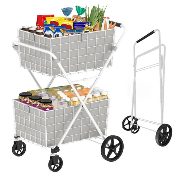 Large Double Basket Shopping Cart with Waterproof Liner, Extra Jumbo Utility Cart on Wheels for Grocery Needs