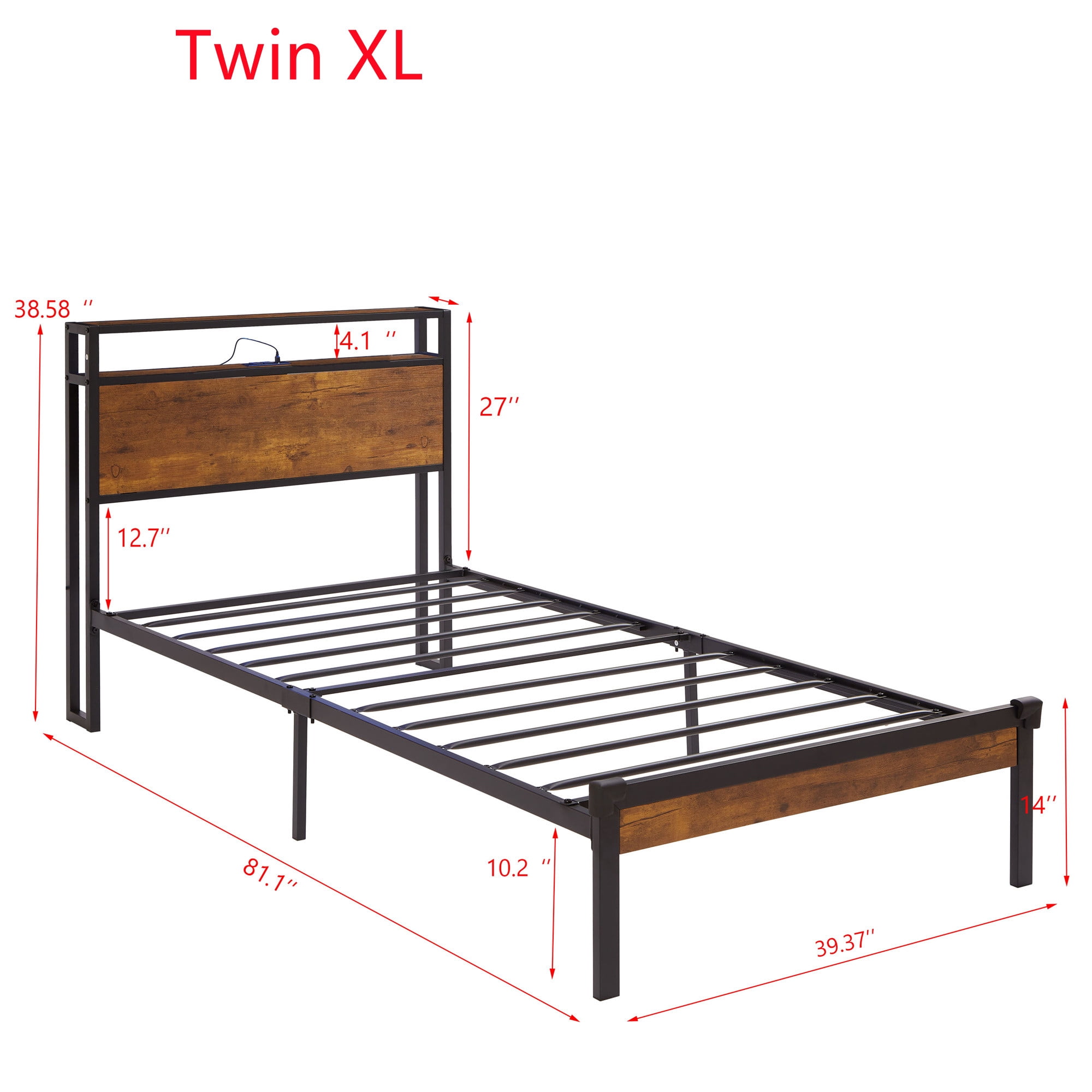 Aukfa Metal Twin XL Size Bed Frame with USB Charge Port, Wood Storage Headboard Shelf, Black