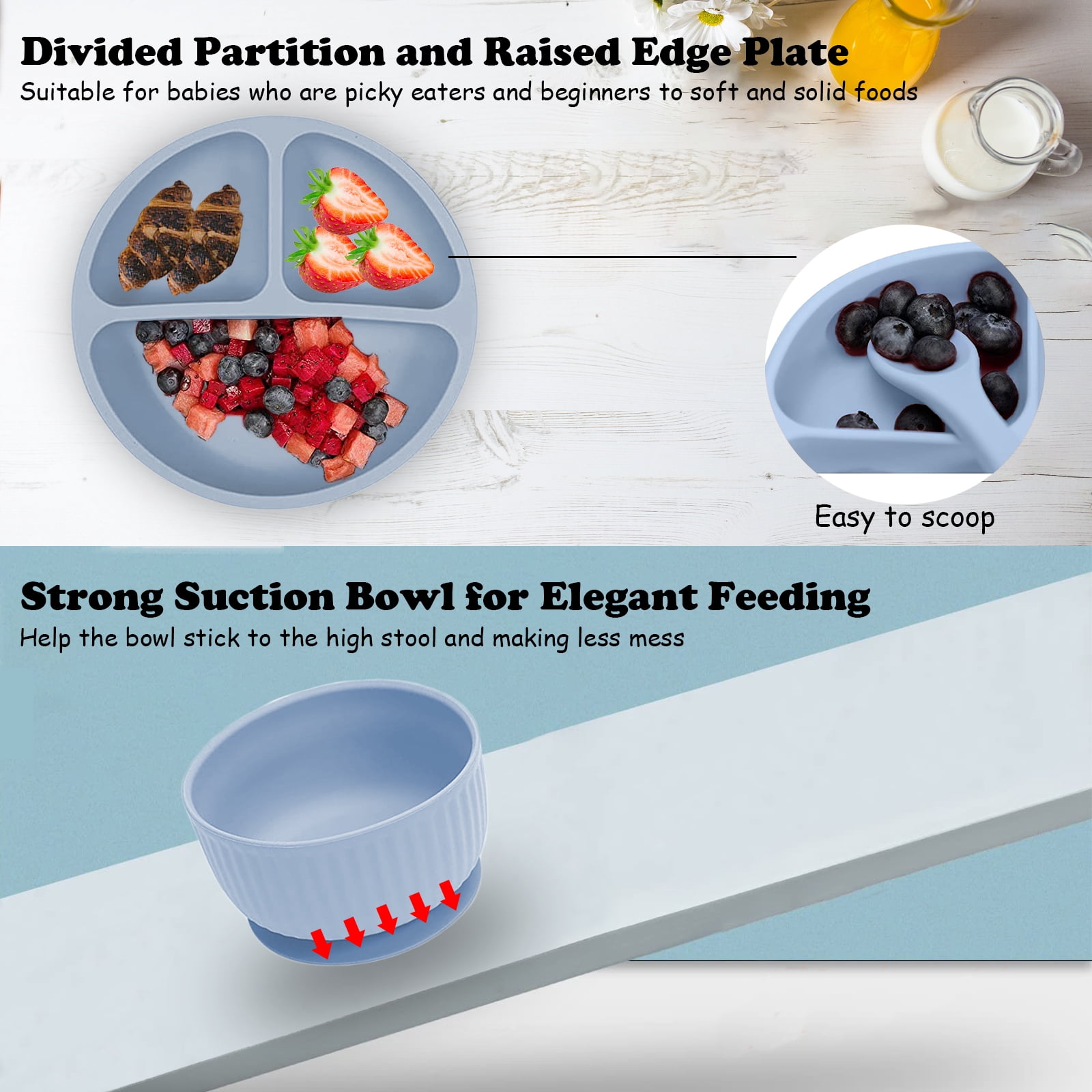 6pcs Silicone Baby Feeding Set, Baby Led Weaning Supplies, Baby Plate Set of Suction Bowl and Divided Toddler Plate, Baby Spoon, Fork, Bib, Sippy Cup with Straw and Lid, Food Grade BPA Free, Blue