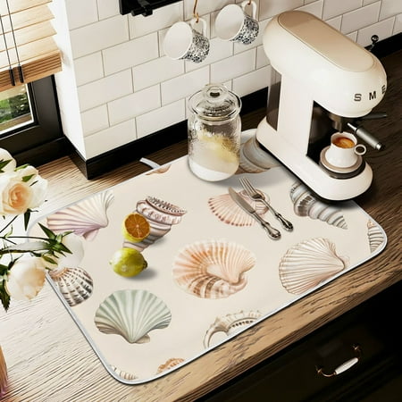 

Yayeee Drying Mat for Kitchen Counter Dishes Microfiber Coffee Decorative Pad Green Watercolor Seashells