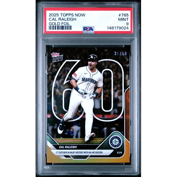 Graded 2025 Topps Now Cal Raleigh #765 Gold Foil /50 Baseball Card PSA 9 Mint
