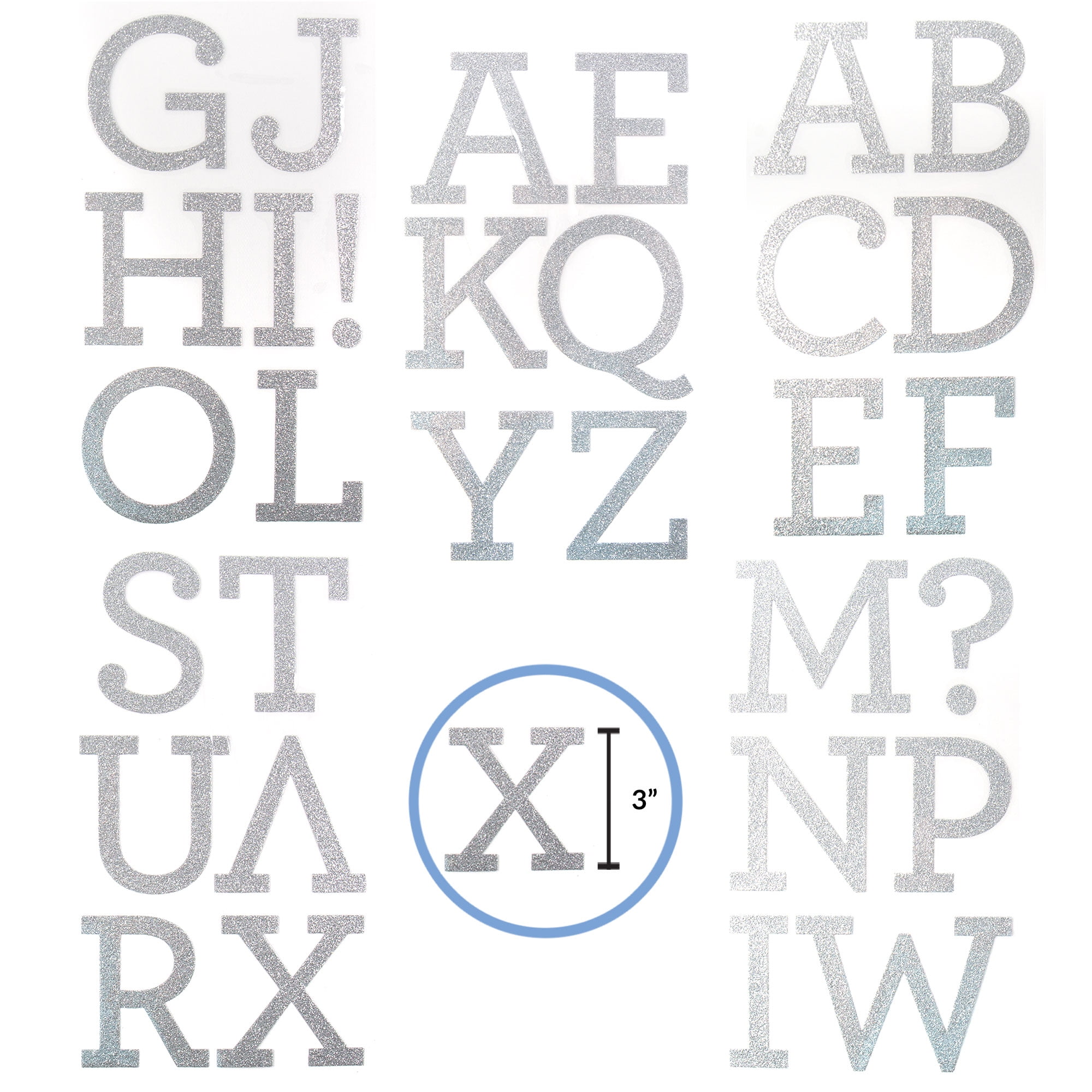 Hello Hobby 3" Silver Glitter Iron-on Letters, 5 Sheets, 31 Pieces