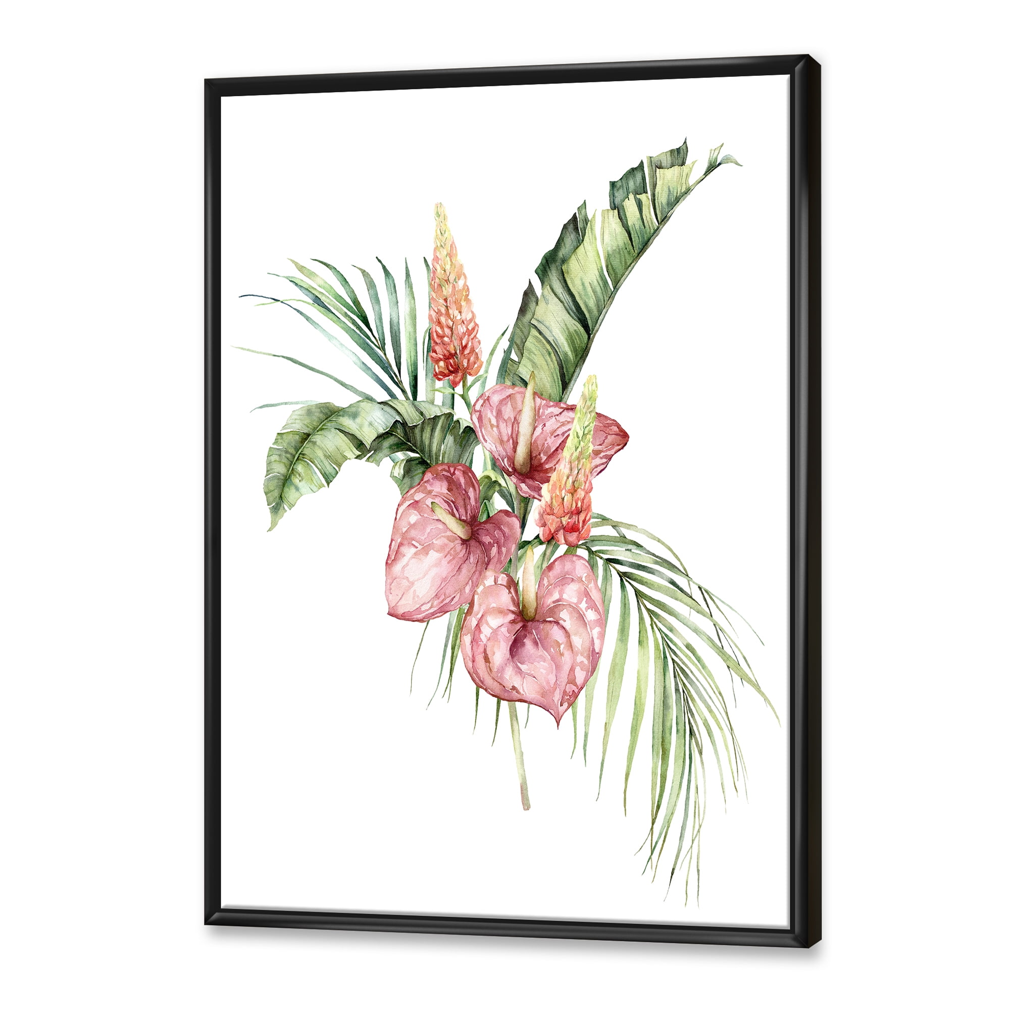 Tropical Bouquet With Anthurium Lupine and Leaves On White II 12 in x 20 in Framed Painting Canvas Art Print, by Designart