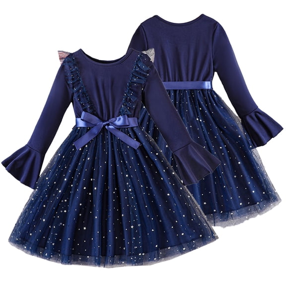 KYAIGUO Kids Girl Spring Fall Tutu Dress Flared Sleeve Mesh Princess Dress with Bow Toddler Fluffy Tulle Dress Onesies Skirt for 5-13 Years
