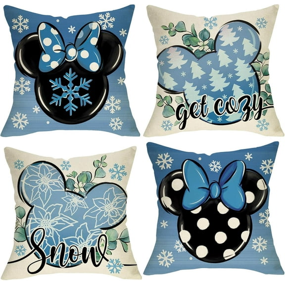 Winter Cartoon Mouse Decorative Throw Pillow Covers 18 x 18 Set of 4, Blue Snow Polka Dot Pine Tree Poinsettia Outdoor Home Decor, Get Cozy Christmas Holiday Couch Cushion Case