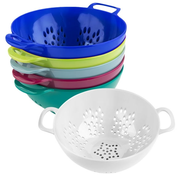 6 Pcs Plastic Colanders for Kitchen, Small Colanders with Handles, Drainage Design for Fruits, Vegetables, and Pasta, Compact and Durable, Available in Blue, Green, Purple, White