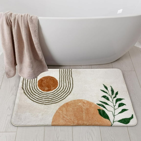 20"X32" Boho Bath Rugs for Bathroom Decor Non-Slip Bath Mat Absorbent Plush Microfiber Soft Carpet Machine Washable Bath Mat for Bathrooms,Showers,Laundry Rooms,White and Green