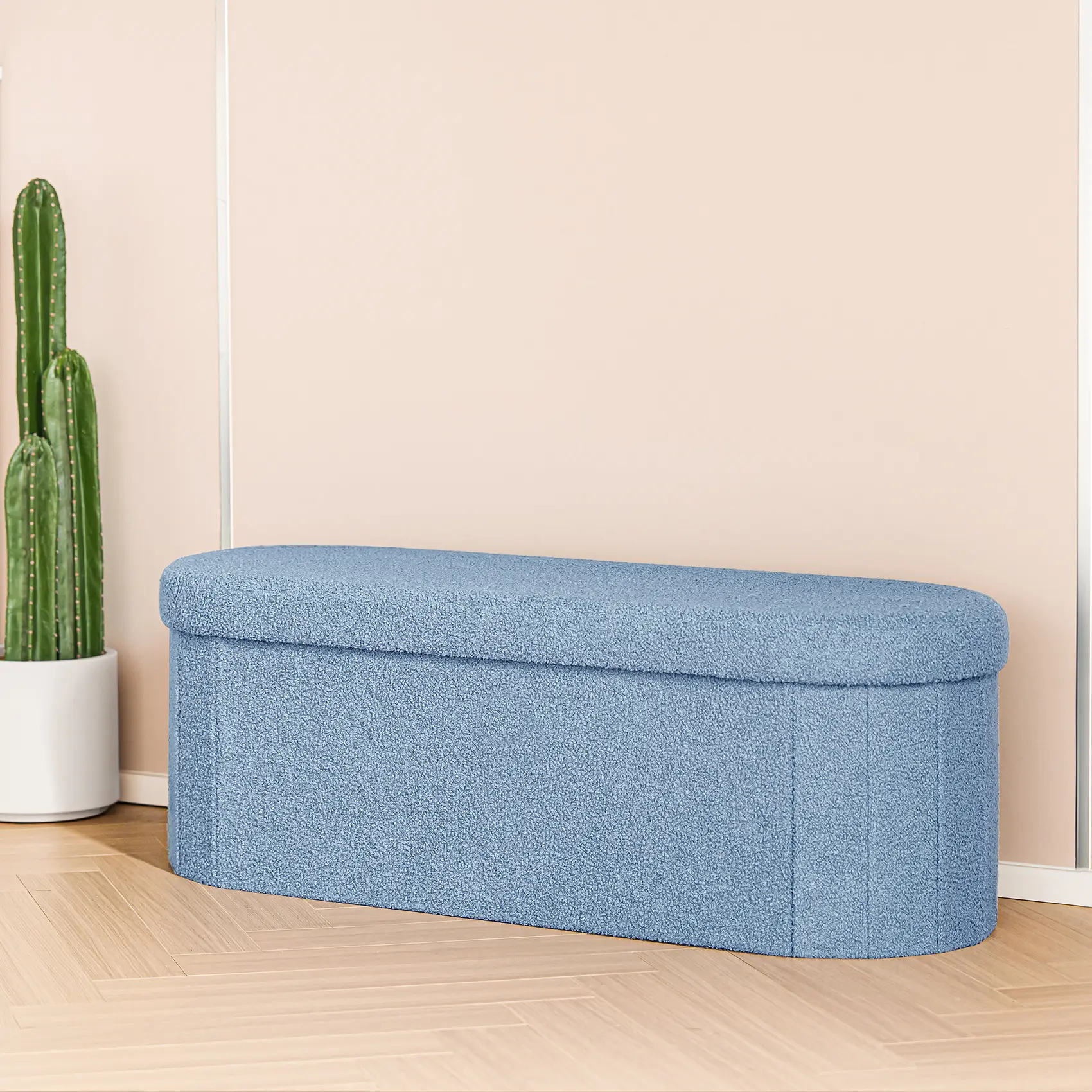 PINPLUS Storage Ottoman Bench Tufted Oval Ottoman Bench Foot Rest Velvet Bench with Storage 43" Blue