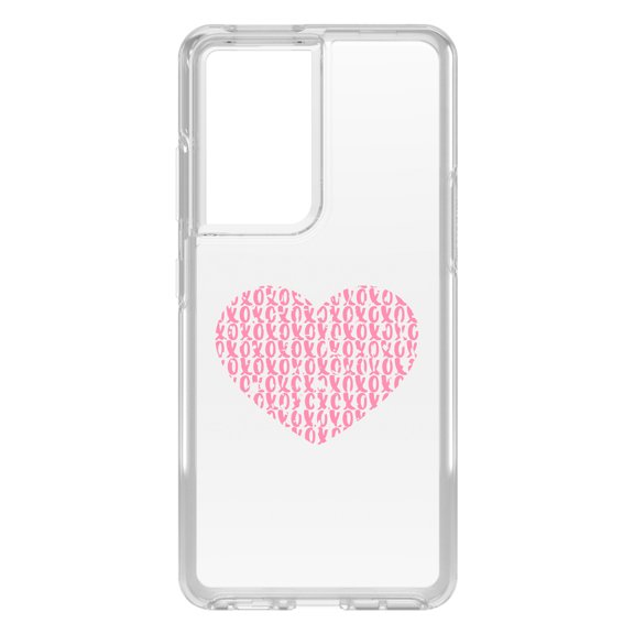 DistinctInk Clear Shockproof Hybrid Case for Galaxy S21 ULTRA 5G (6.8" Screen) - TPU Bumper Acrylic Back Tempered Glass Screen Protector - XOXO Heart Pink