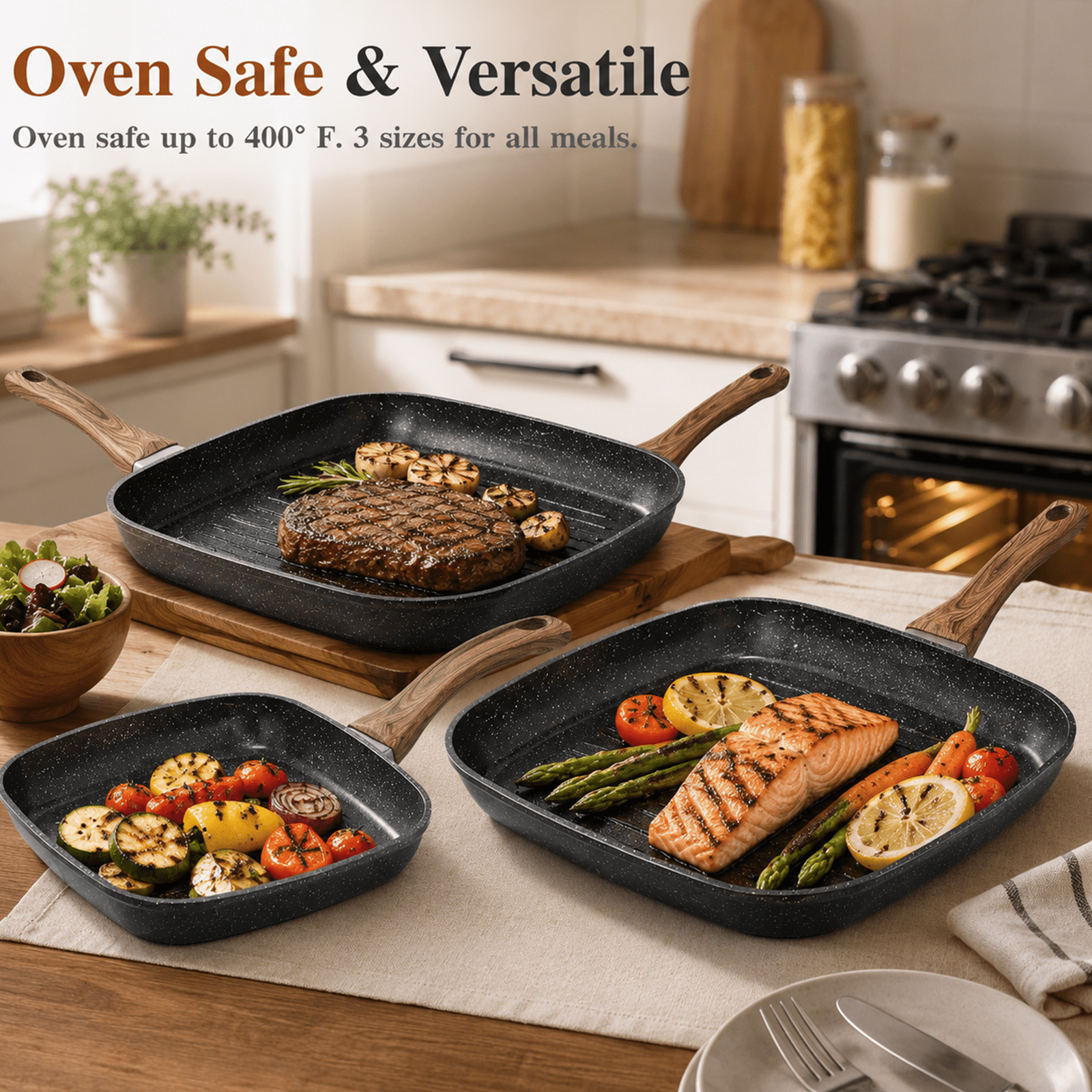Alvantor 3-Piece Square Grill Frying Pan Set,9.5-11 Inch Induction with Stay Cool Handle,Compatible with All Stovetops