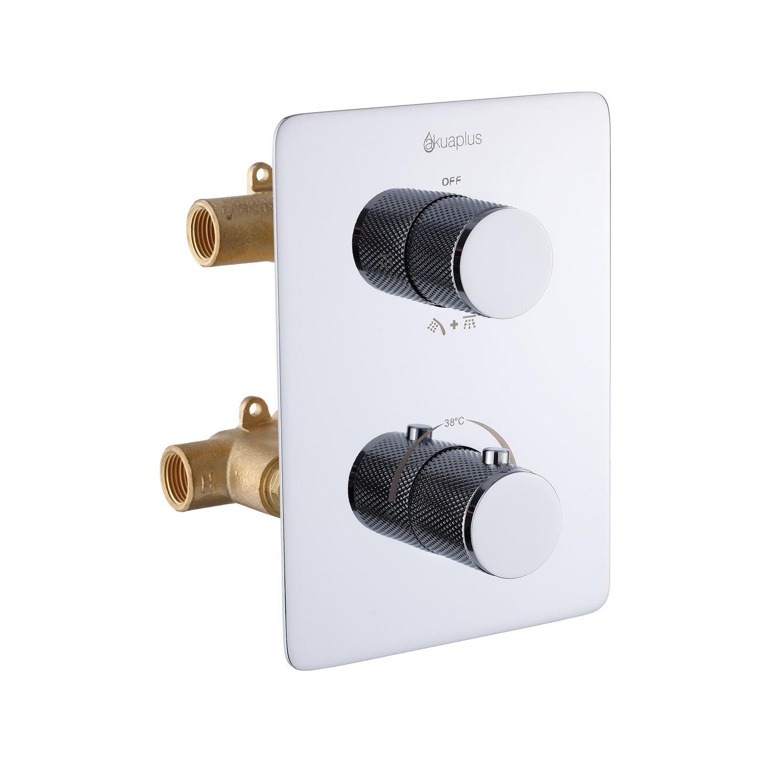 Valve thermostatique carrée avec déviateur à 4 voies d'Akuaplus®. 2 douchettes magnétiques, pouvant être utilisées simultanément. Douchette magnétique à 3 réglages avec bouton poussoir et pommeau de d