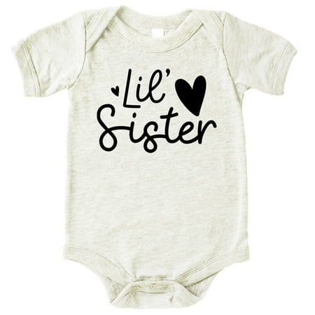 

Olive Loves Apple Lil Sister Heart Bodysuit for Baby Girls Sister Sibling Outfits Natural Heather Bodysuit 6 Months