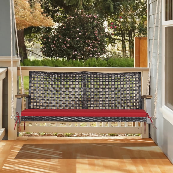 2-Seat Rattan Comfortable Porch Swing Chair Outdoor Wicker Swing Bench W/ Seat Cushion Red