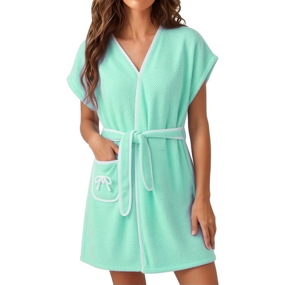 Women's Short Sleeve Plush Robe Cozy Warm Short Bathrobe Soft Nightgown Sleepwear with Pockets